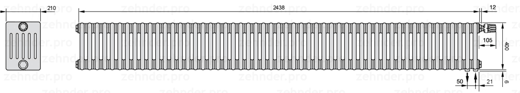 Схема (чертеж) Радиатор Zehnder Charleston 6040/53 №V002 Белый глянцевый RAL 9016